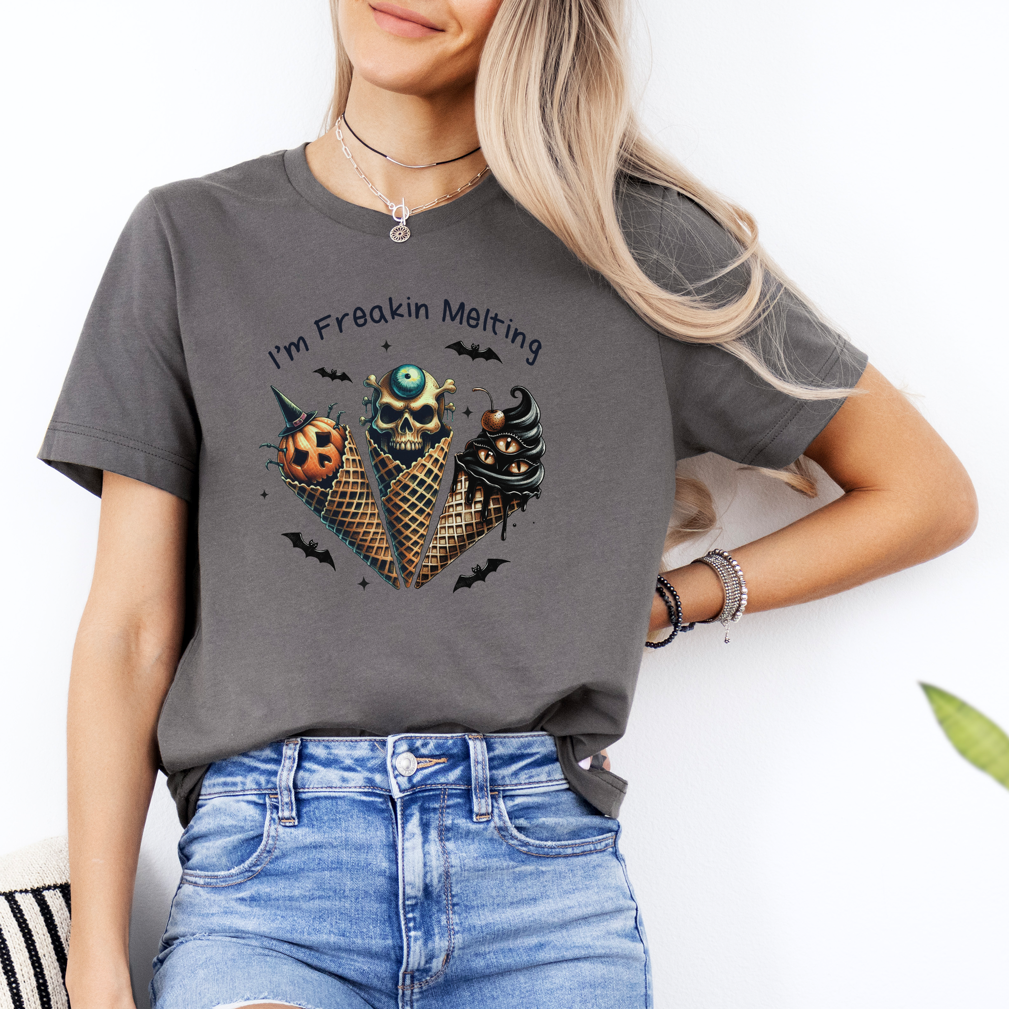 Halloween Ice Cream Shirt Spooky Graphic Design Gothic Style Fashion Unique Party Wear Alternative Costume Idea Skull Eyeball Design Jack O Lantern Pattern Witch Hat Detail Black Cone Artwork Unisex Halloween Clothing Bella Canvas Quality