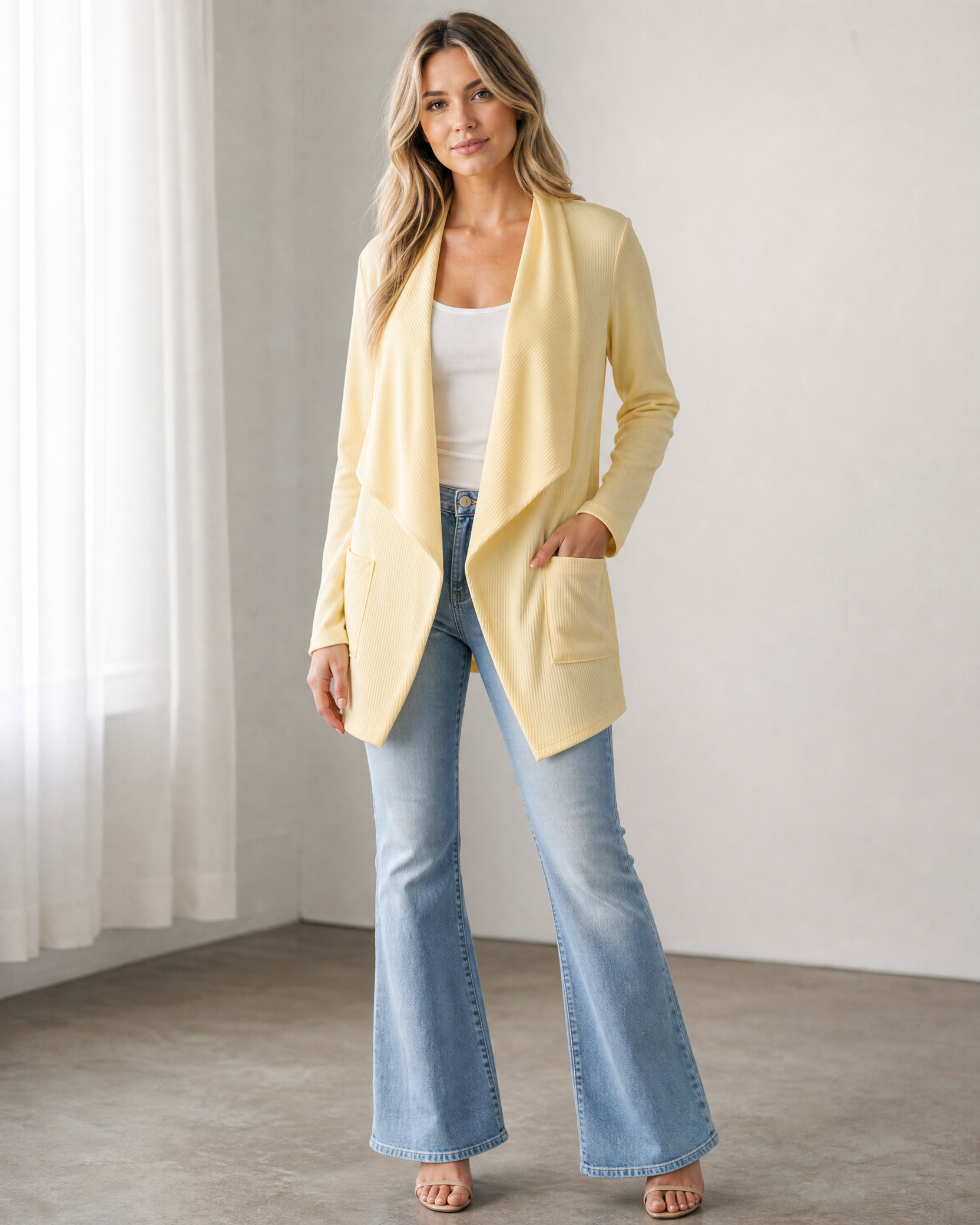 Open Front Waterfall Cardigan styled over a graphic tee