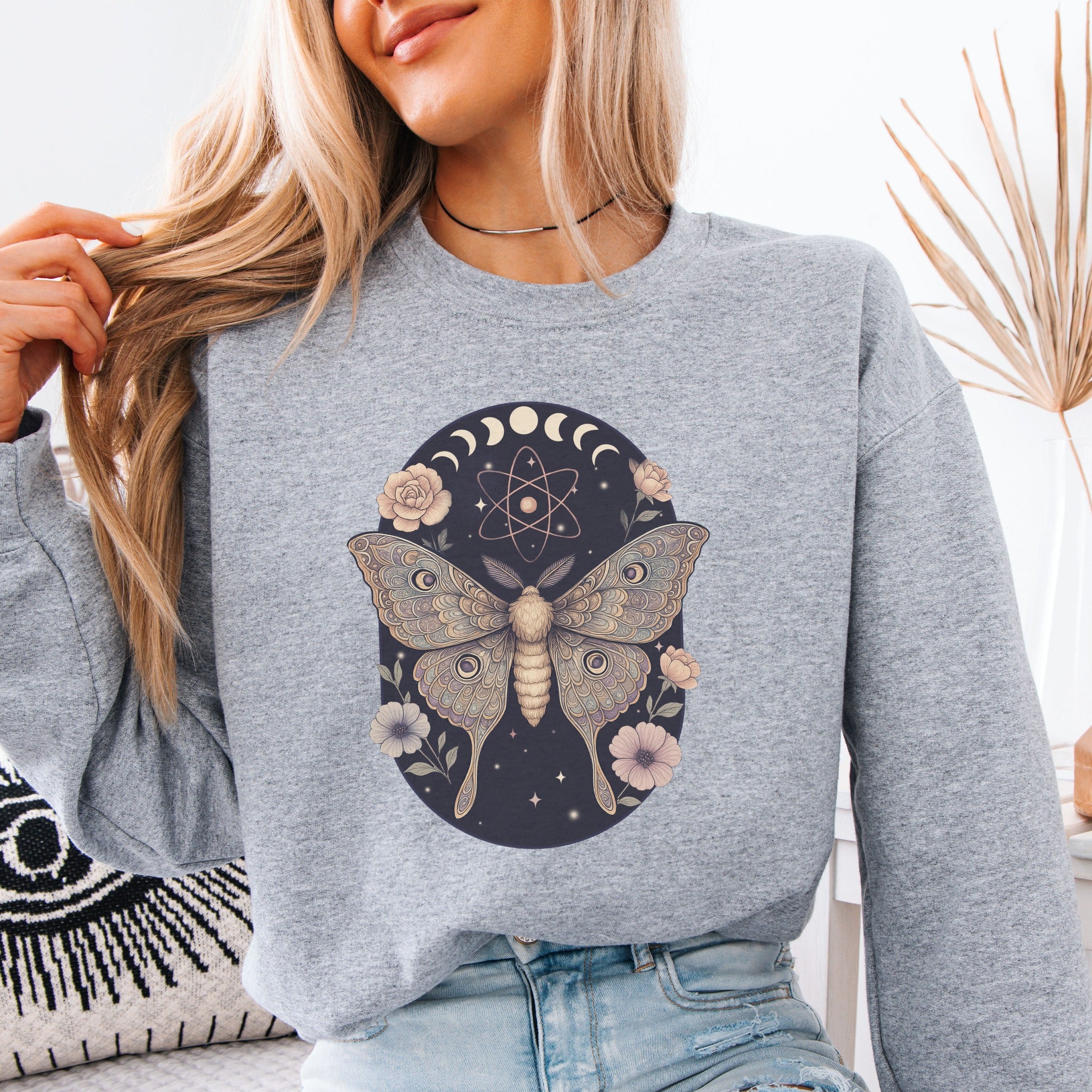 Celestial Moth Art – Moon & Atomic Design Sweatshirt