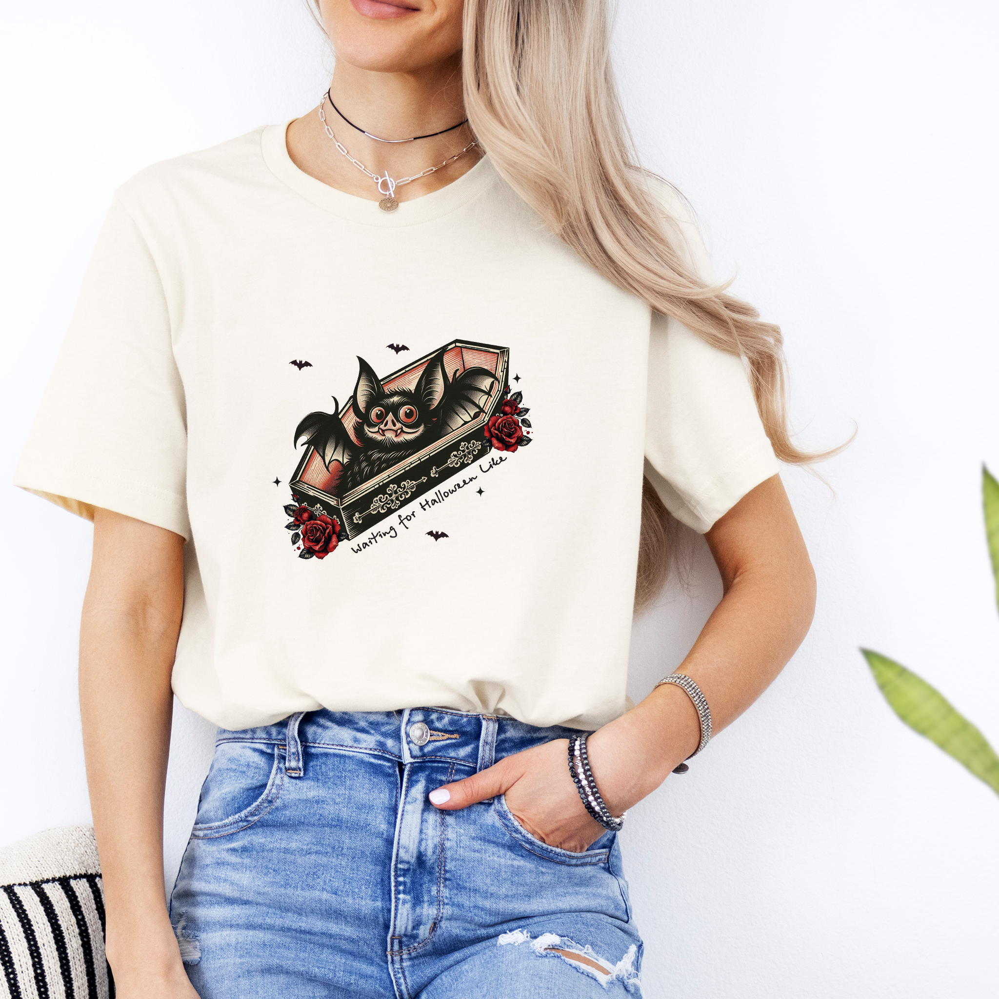 "Waiting for Halloween Like" Bat in Coffin T-Shirt