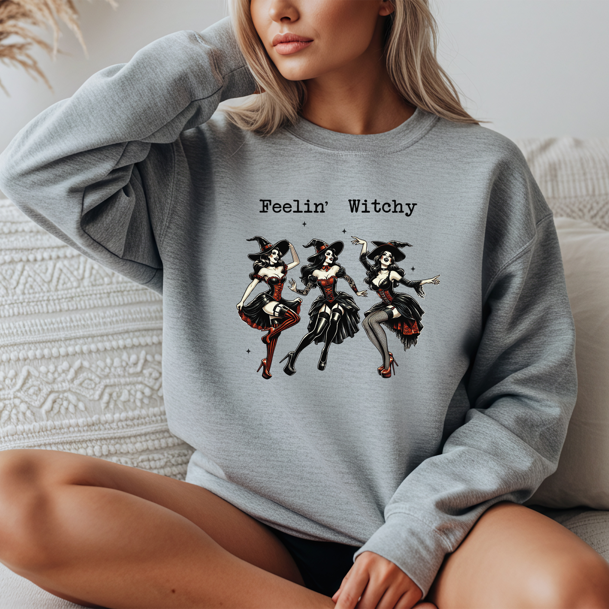 "Feelin' Witchy" Vintage Halloween Crewneck Sweatshirt