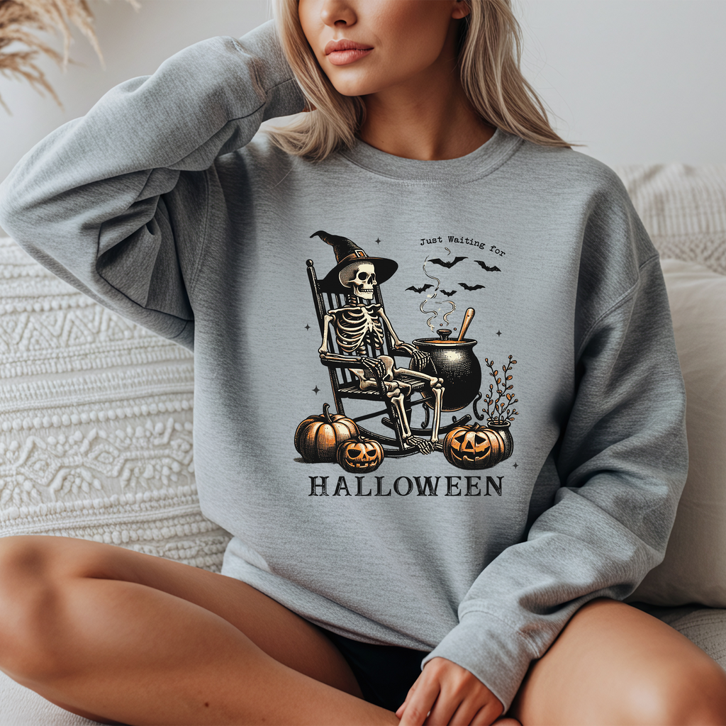 "Just waiting for Halloween" Vintage Halloween Crewneck Sweatshirt