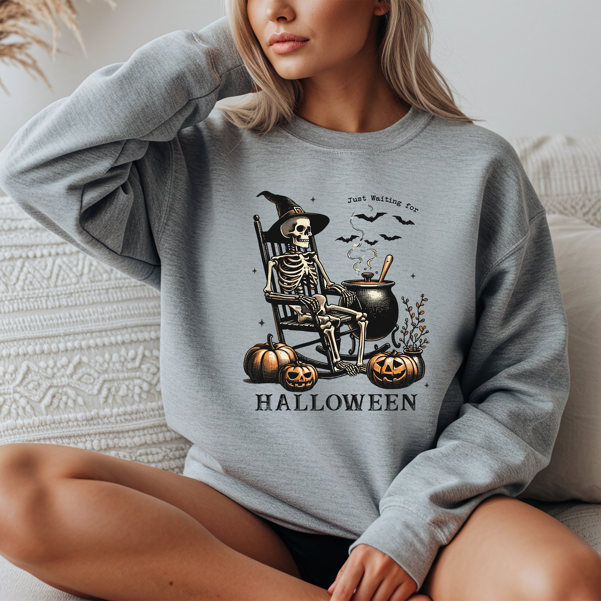 "Just waiting for Halloween" Vintage Halloween Crewneck Sweatshirt