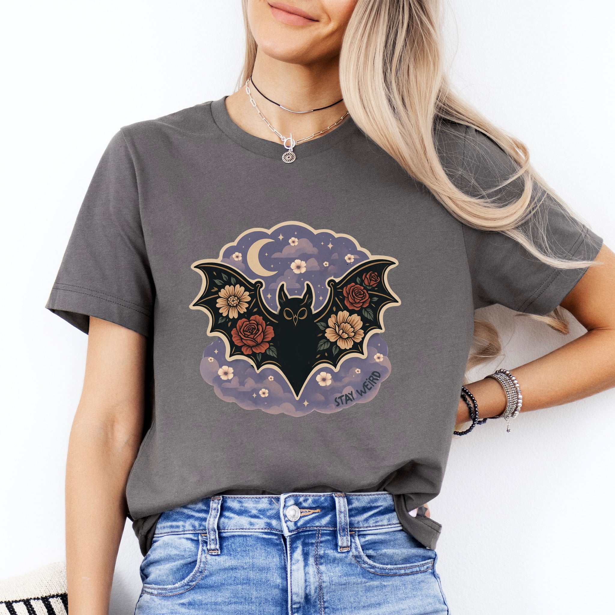 Stay Weird Bat with Floral Wings Tee
