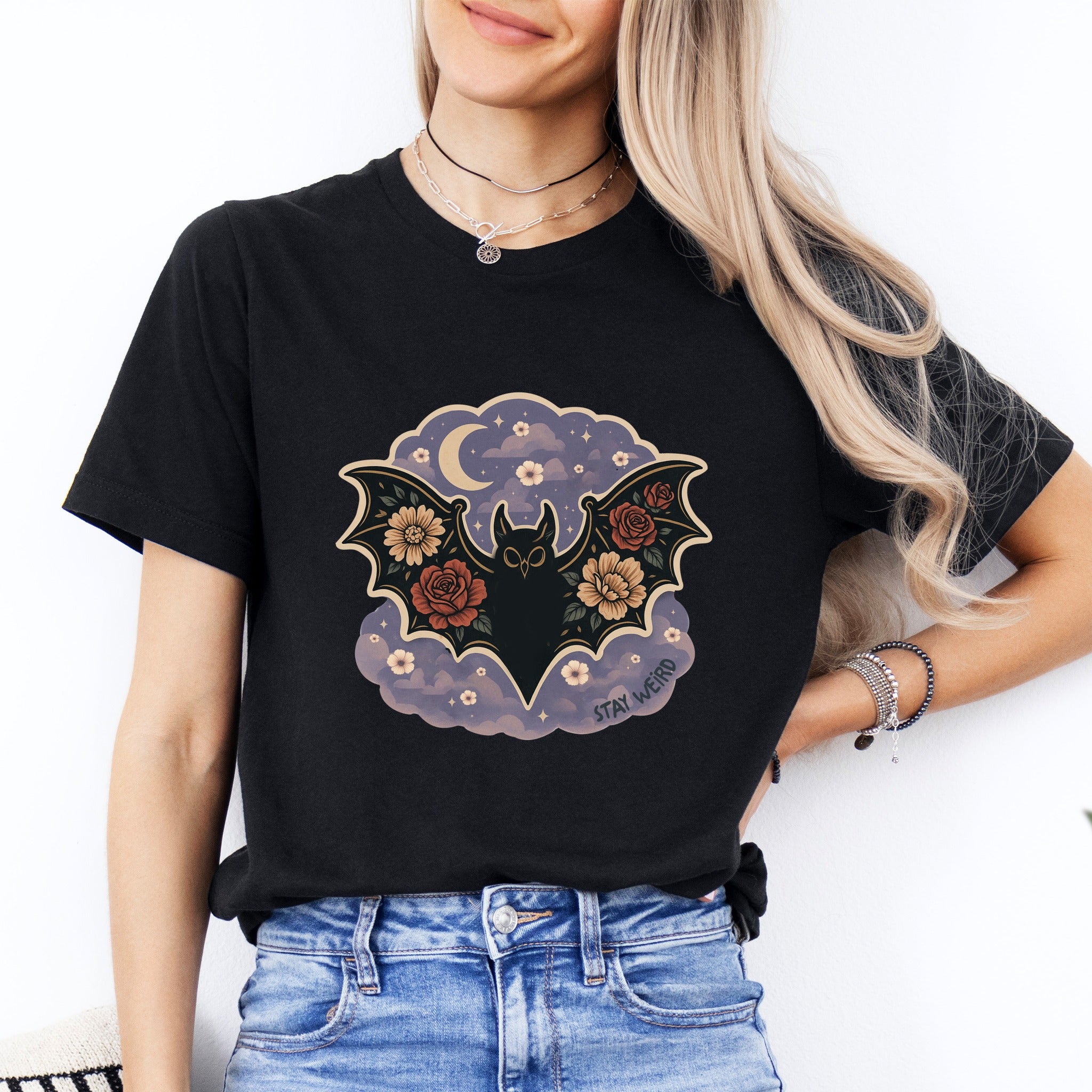 Stay Weird Bat with Floral Wings Tee