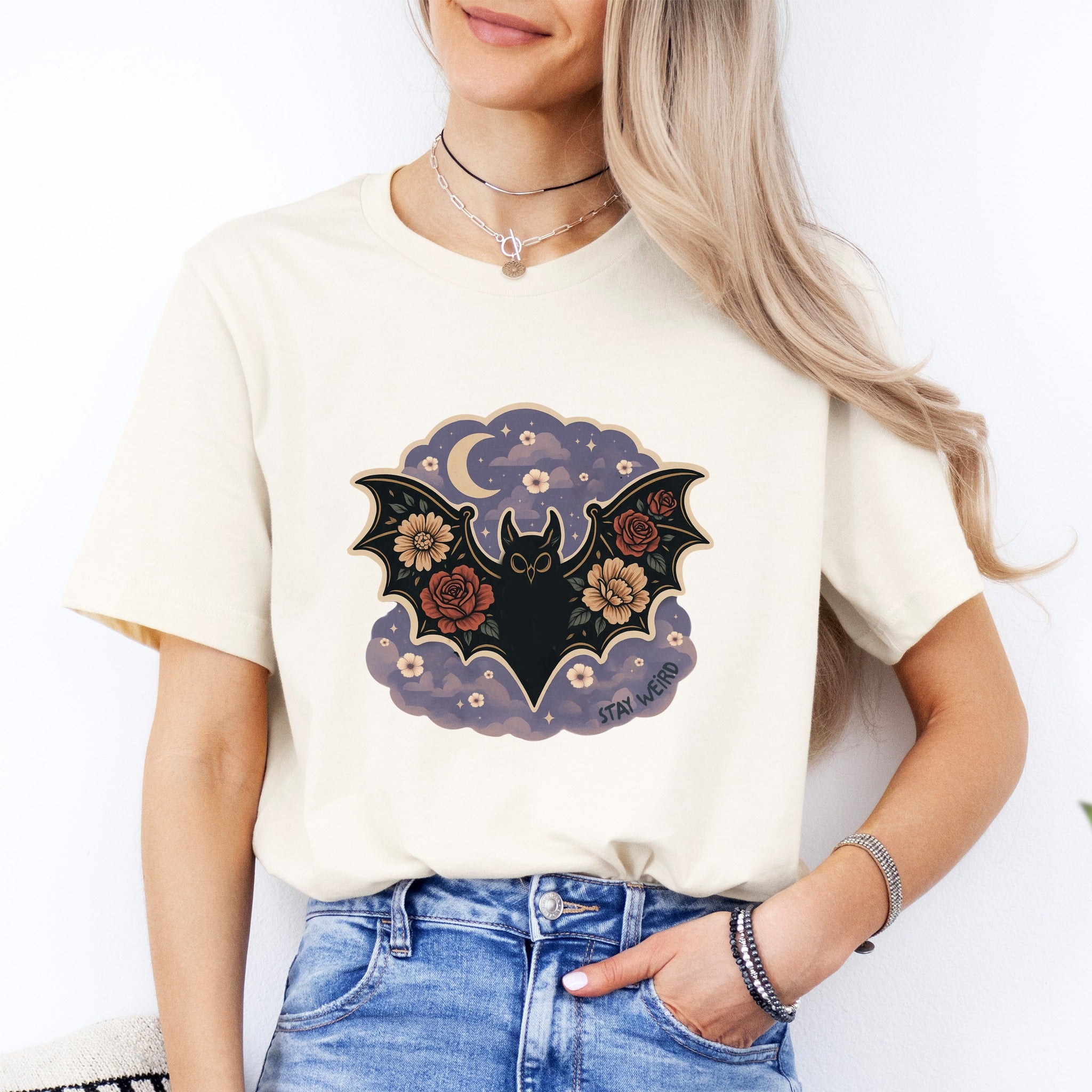 Stay Weird Bat with Floral Wings Tee