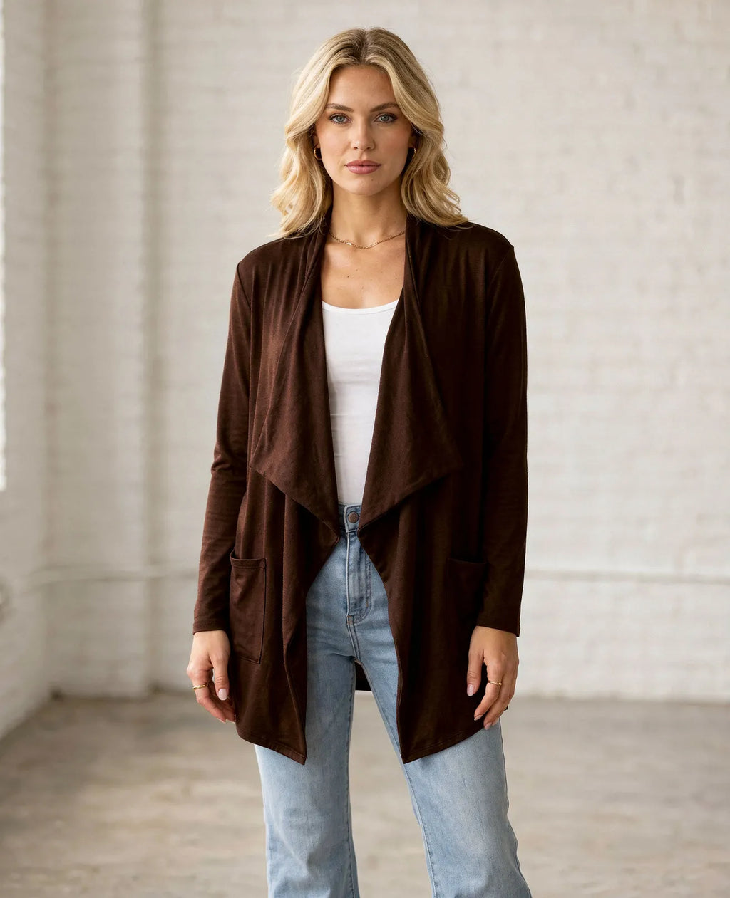 Open Front Waterfall Cardigan – Lightweight DTY Brushed