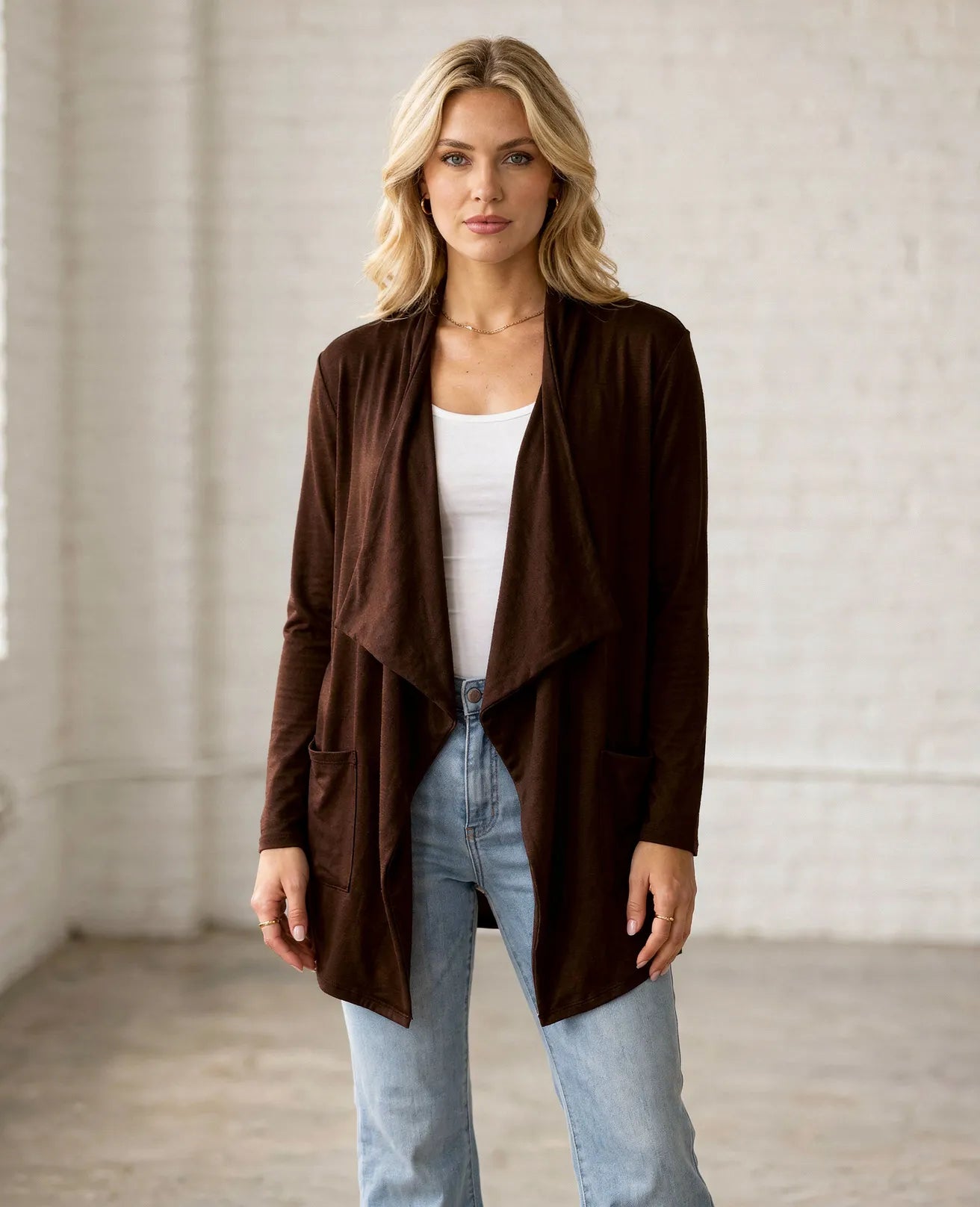 Open Front Waterfall Cardigan – Lightweight DTY Brushed